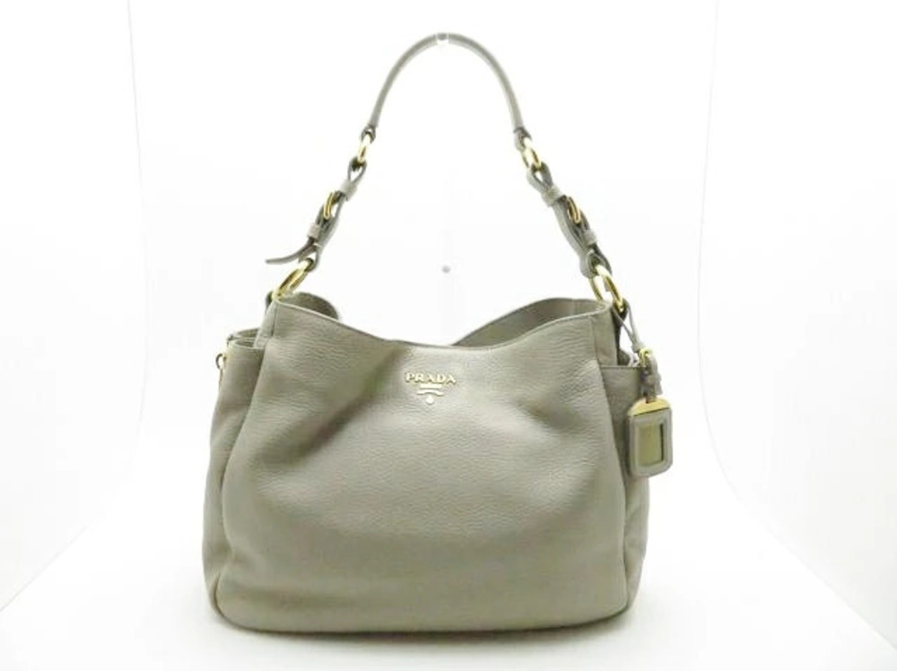 Prada Shoulder Bag Embossed Leather Greige Gray
